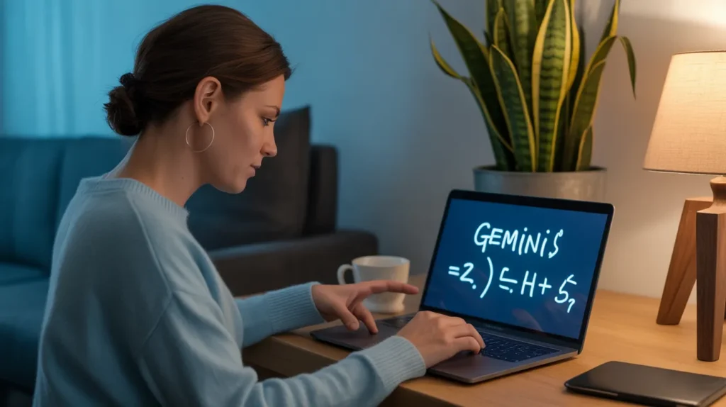 a women in a laptop in laptop screen geminis portal opens and has written maths euation as gemini deep think 2.5 solving it